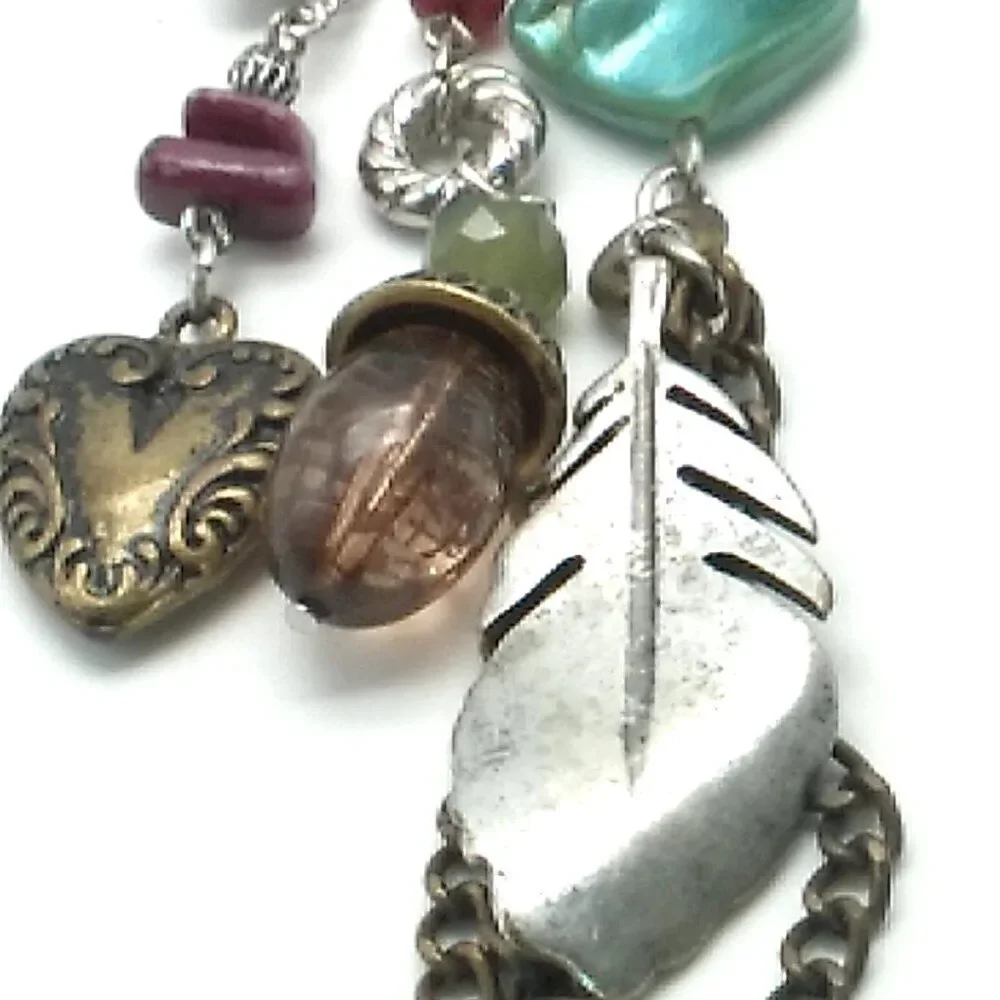 M&S Long Boho Charm Necklace Mixed Metals Colorful Beads Nature-Inspired Dangles